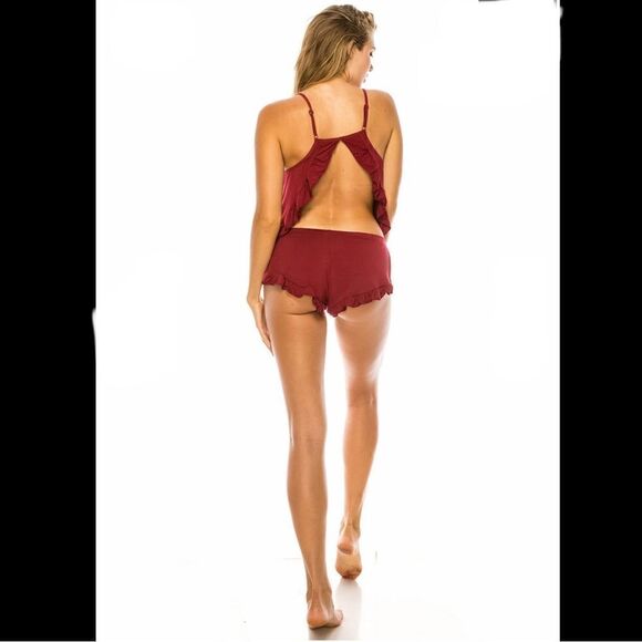 1. Youmita Soft Pajama Boy Shorts Set in Rhubarb (Burgundy) Size Small - Picture 2 of 3